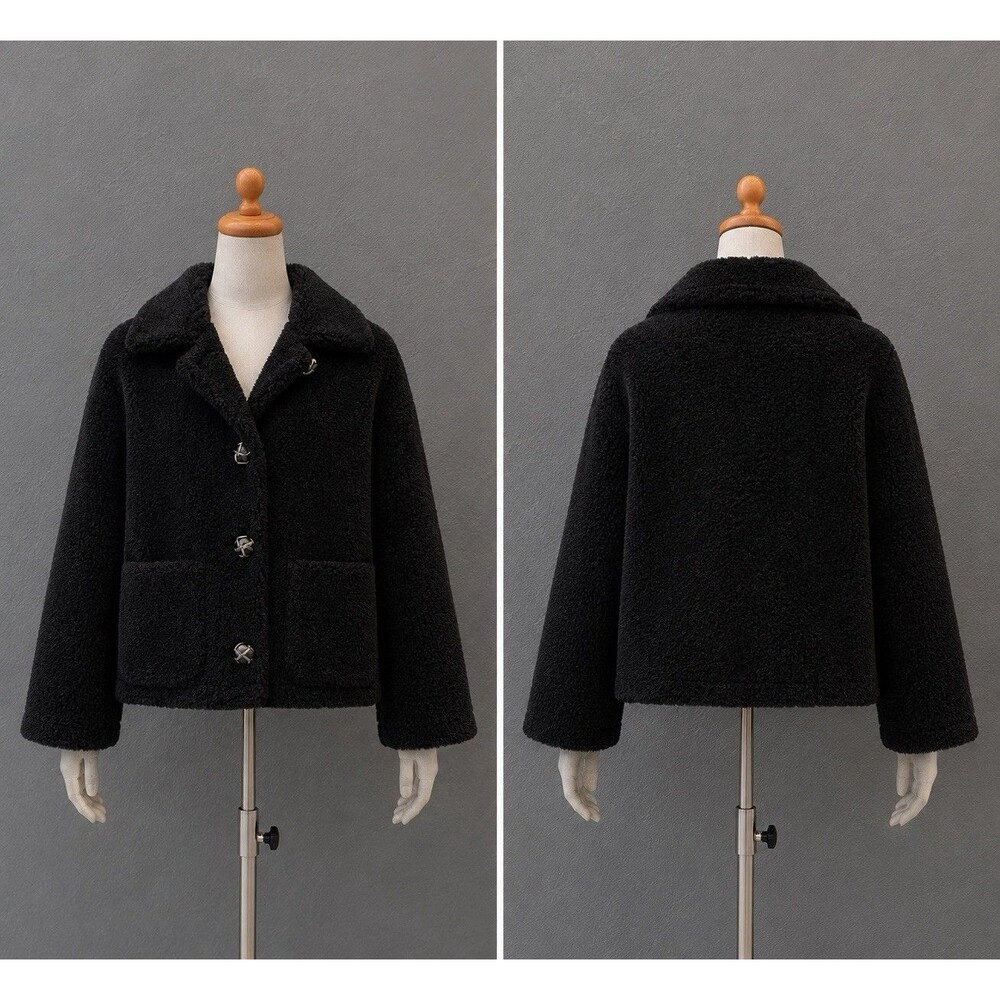 Zara Women Black Teddy Fleece Jacket Size Small Button Up Faux Shearling Coat